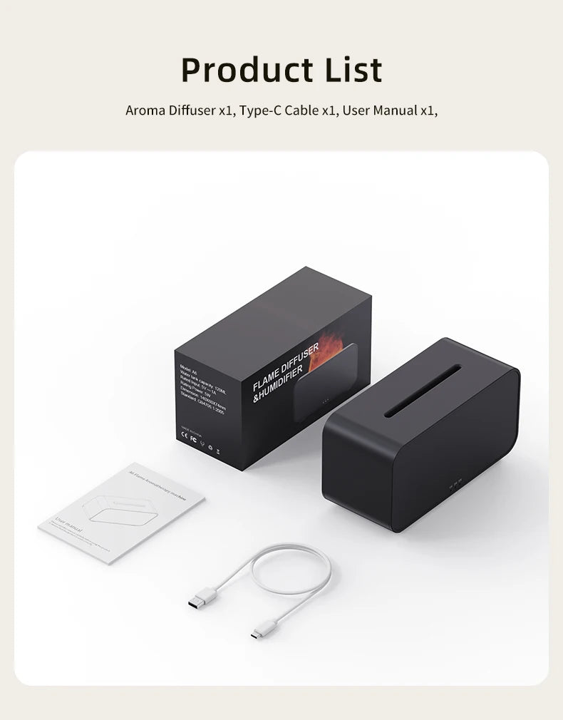 Flame diffuser package contents — diffuser unit, USB-C cable, and user manual