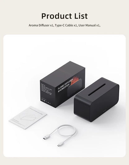 Flame diffuser package contents — diffuser unit, USB-C cable, and user manual