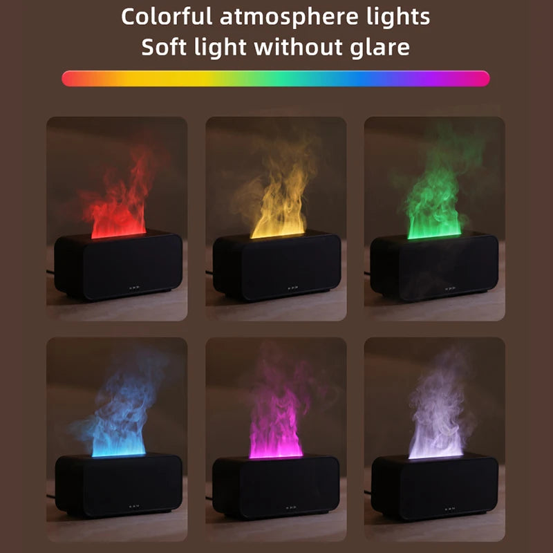 Color-changing LED flame diffuser showing six soft light modes for romantic or peaceful moods