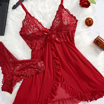 Lace Nightdress Set – 2-Piece Romantic Lingerie & Thong | Soft Sheer Sleepwear for Women