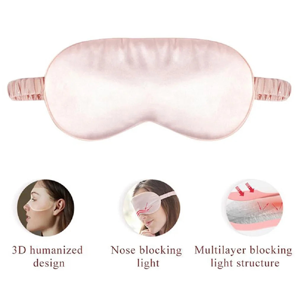 Model wearing a pink silk sleep mask with 3D nose bridge design for total light blocking and pressure-free comfort.