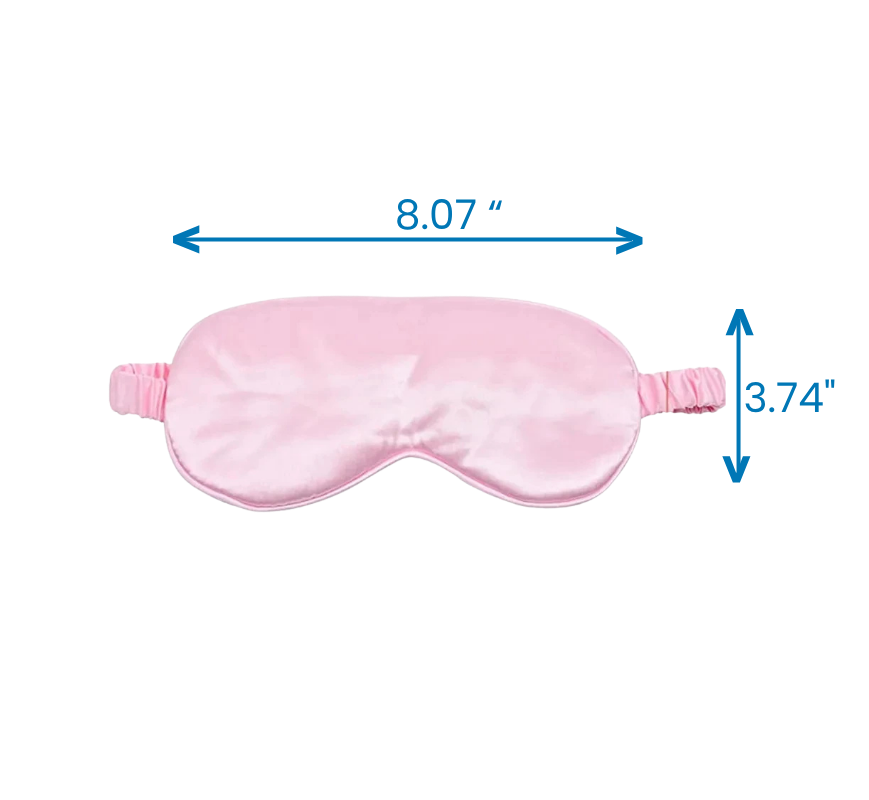 Pink silk sleep mask shown with size measurements