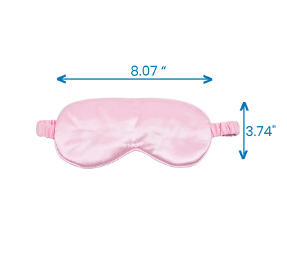 Pink silk sleep mask shown with size measurements
