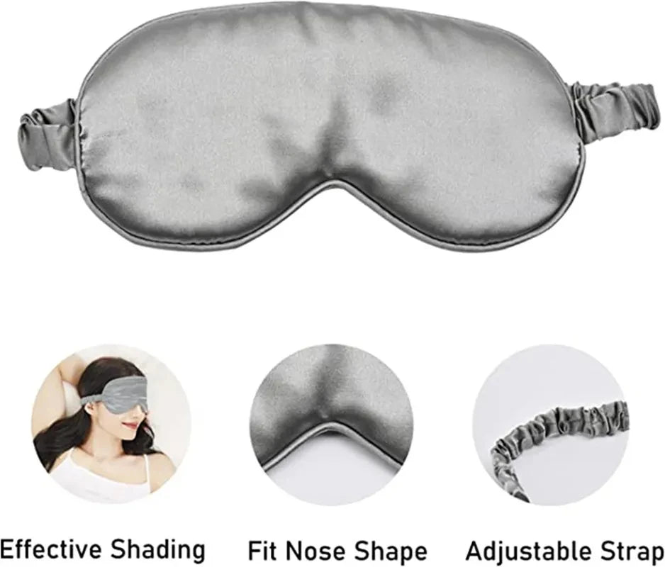 Grey silk eye mask with adjustable strap and curved fit, highlighting effective light shading and nose shape contour.