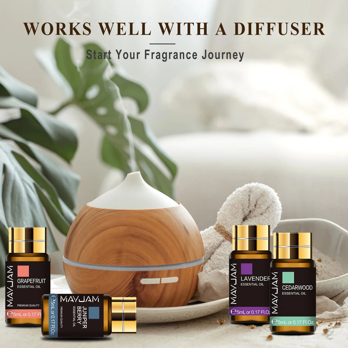 Essential oils and diffuser filling the room with a soft, calming scent for shared relaxation.