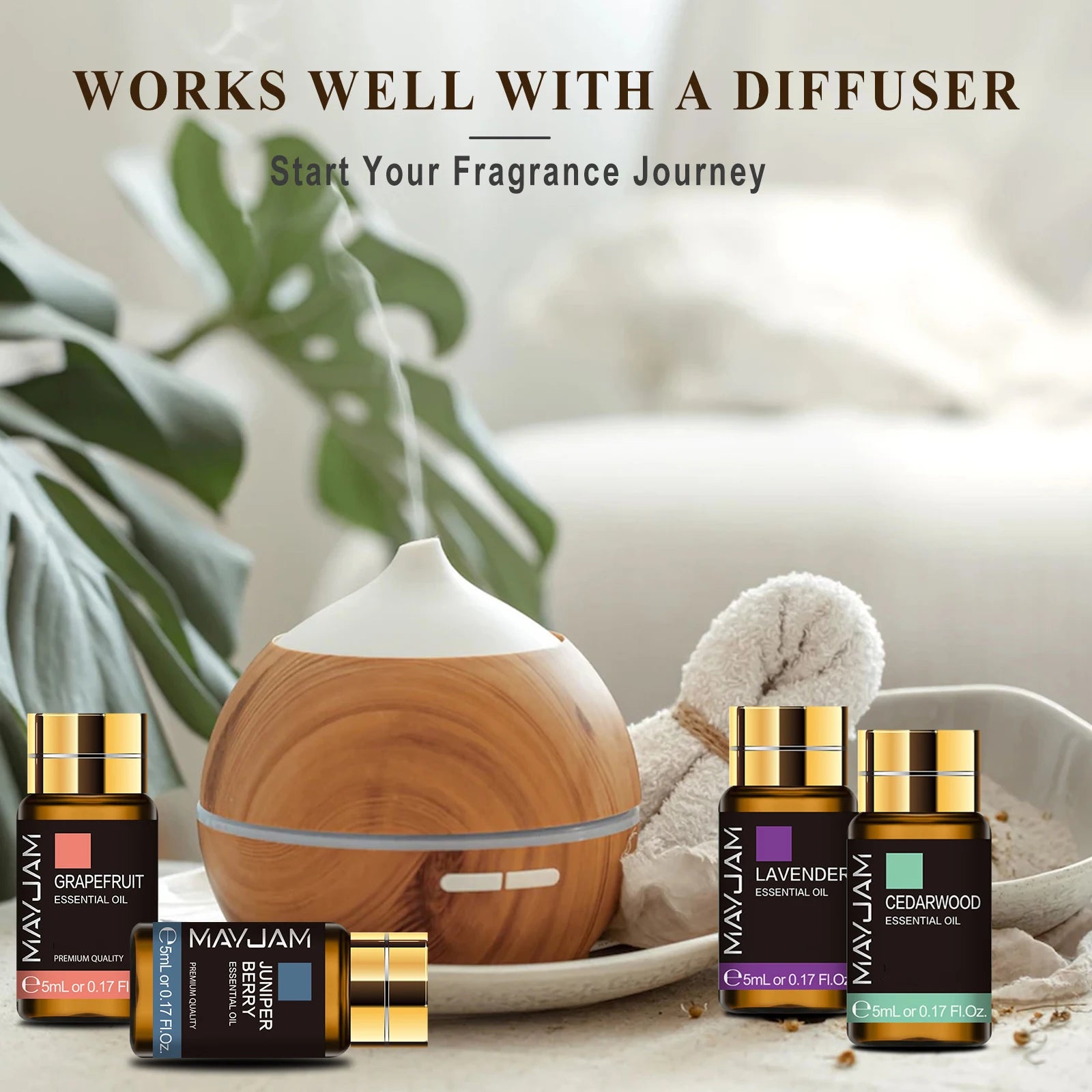 Essential oils and diffuser filling the room with a soft, calming scent for shared relaxation.