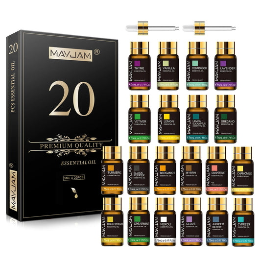 20-bottle essential oils collection for diffusers and massage, creating a warm and relaxing atmosphere.