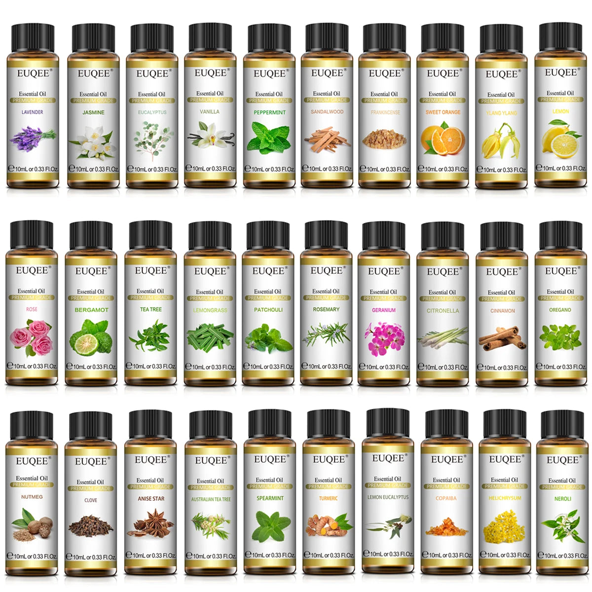 EUQEE essential oils full range display including lavender, eucalyptus, peppermint, and more 10ml bottles