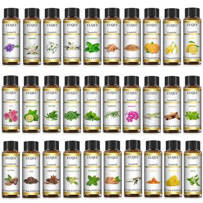 EUQEE essential oils full range display including lavender, eucalyptus, peppermint, and more 10ml bottles