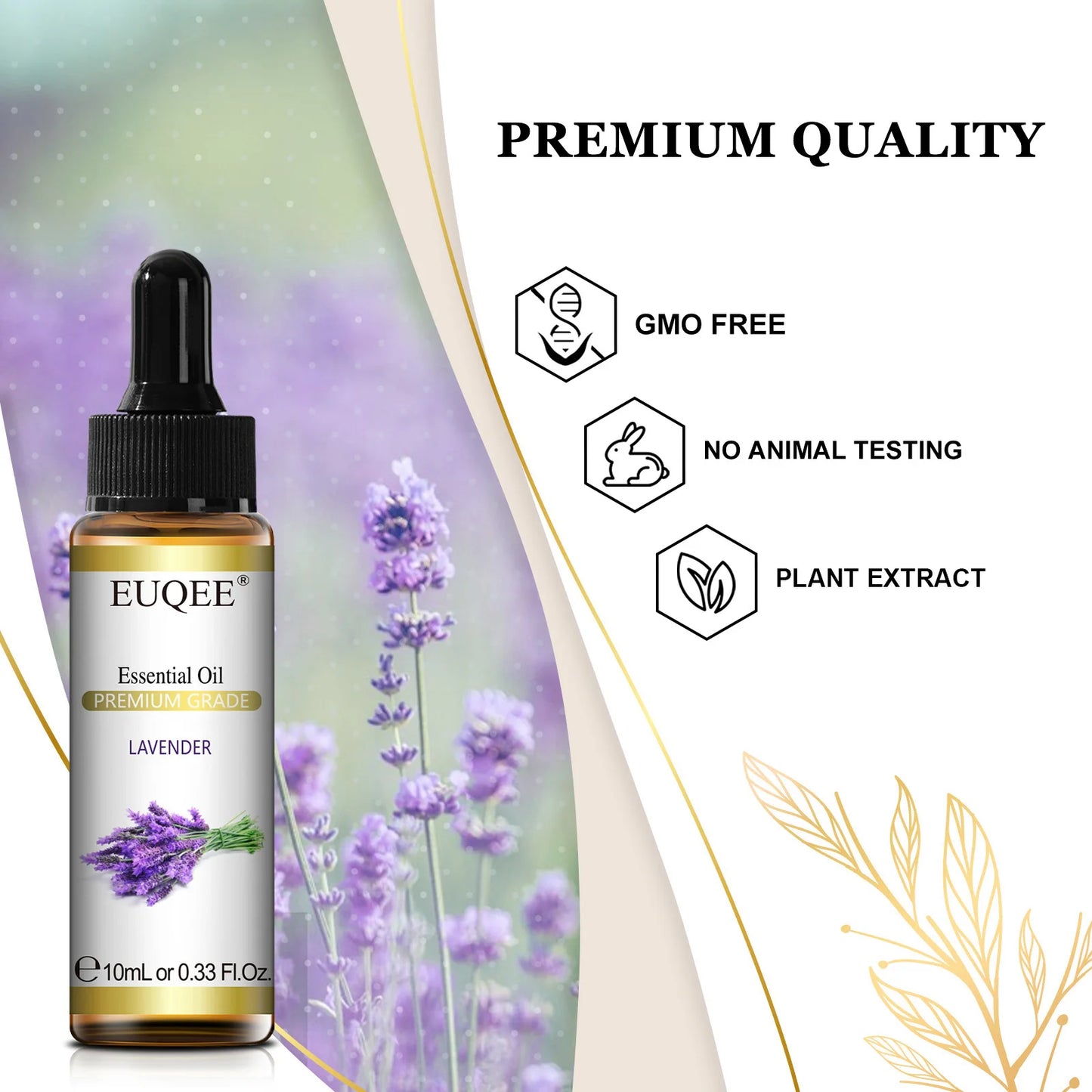 EUQEE Premium Lavender Essential Oil 10ml bottle with label, alcohol-free and cruelty-free natural aromatherapy oil