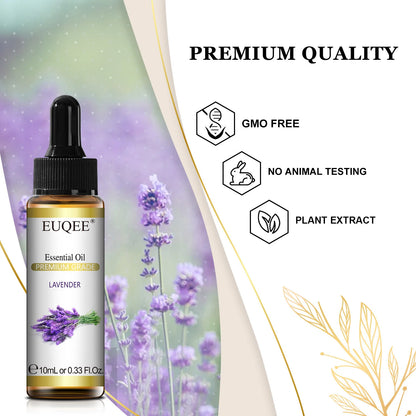 EUQEE Premium Lavender Essential Oil 10ml bottle with label, alcohol-free and cruelty-free natural aromatherapy oil