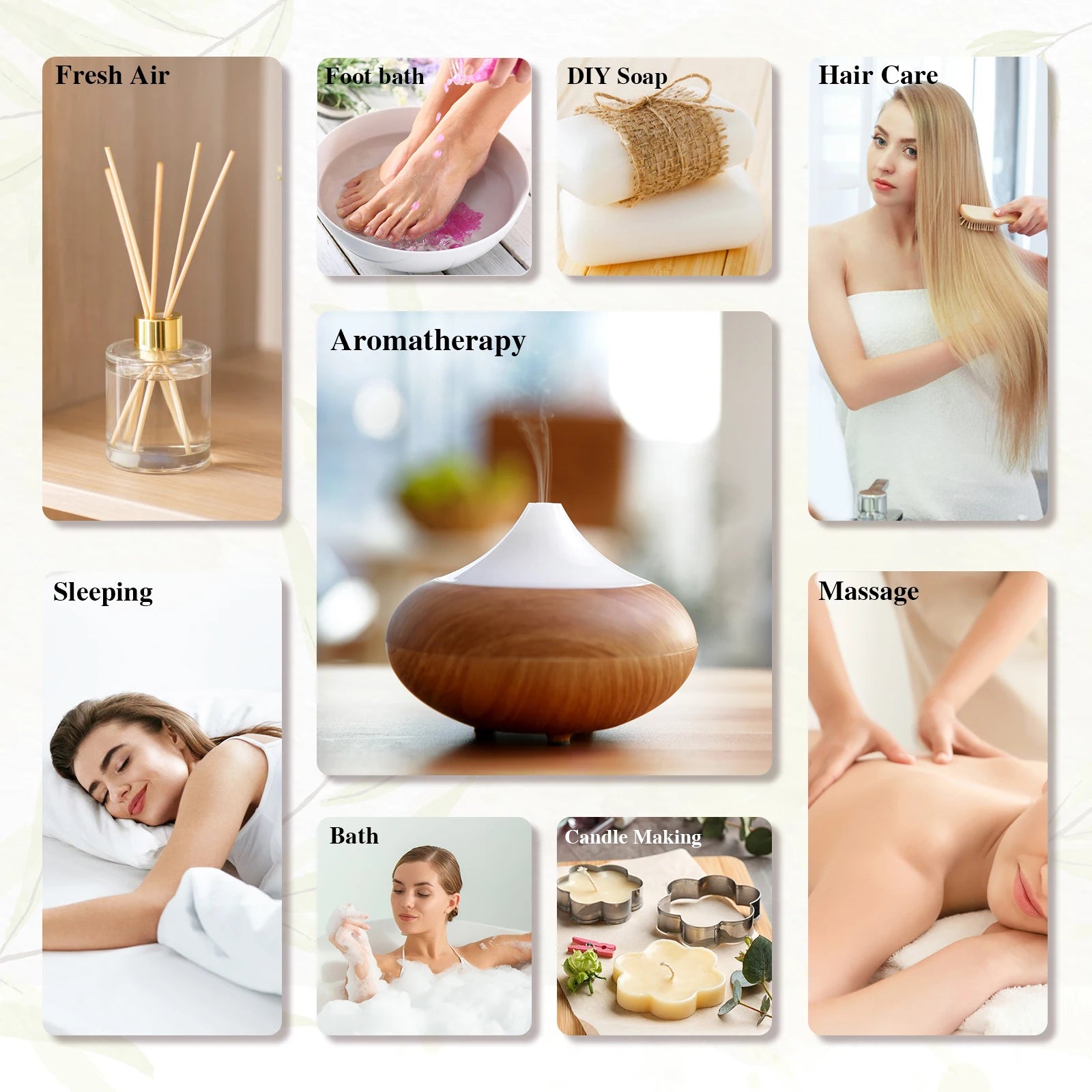 Essential oil lifestyle montage showing diffuser, massage, bath, sleep, and aromatherapy applications