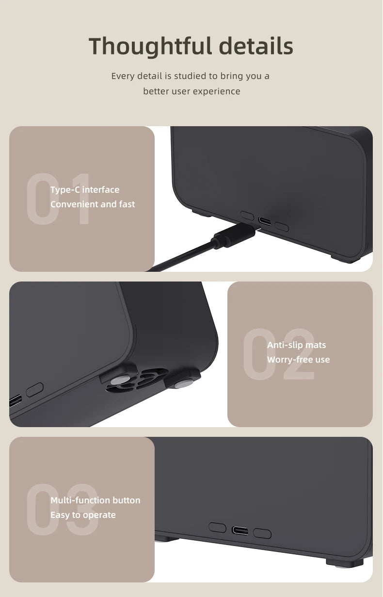 Type-C charging, anti-slip mats, and multifunction buttons shown on Flame Aroma Diffuser.