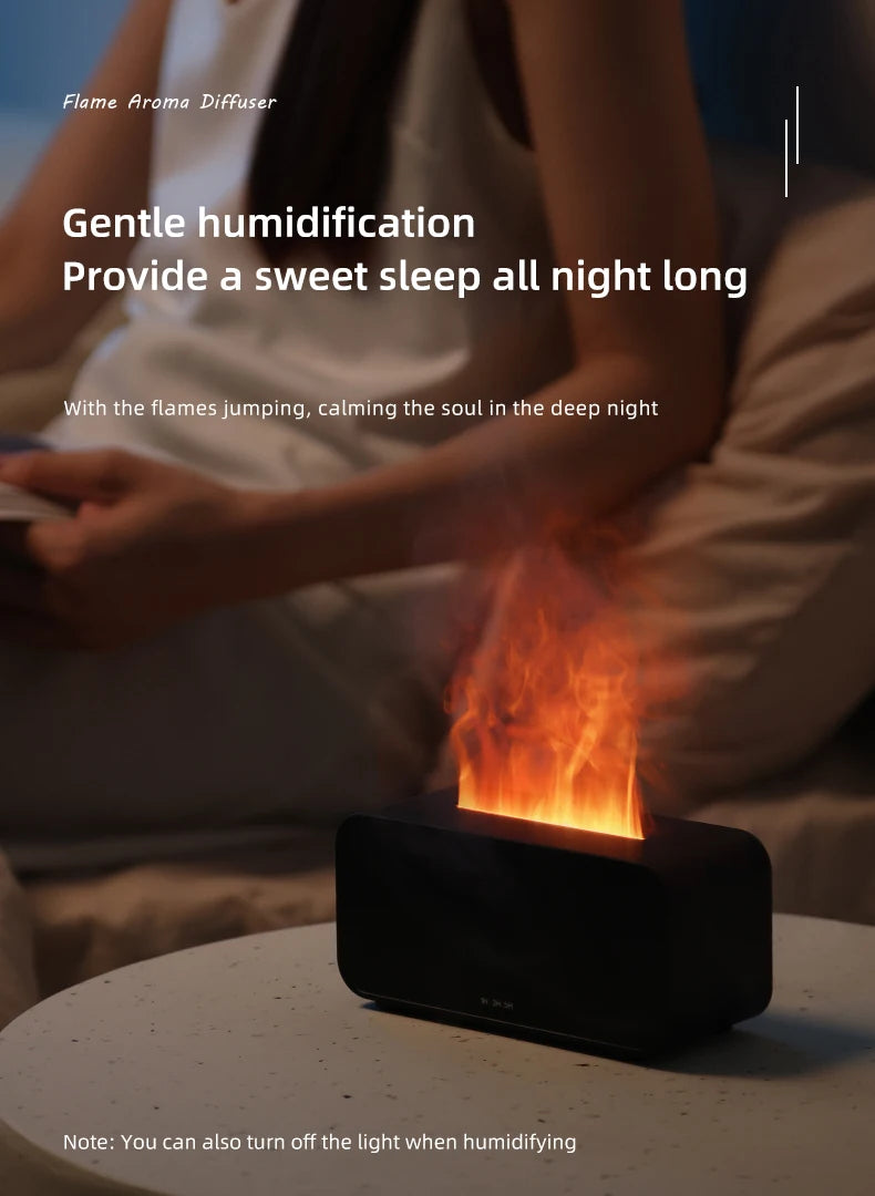 Flame aromatherapy diffuser on bedside table providing soothing light and humidity for restful sleep