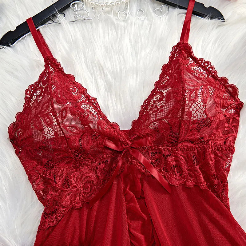 Close-up of red lace bodice and satin ribbon on romantic nightdress
