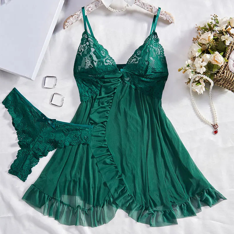 Emerald green lace nightdress and thong set with floral decor