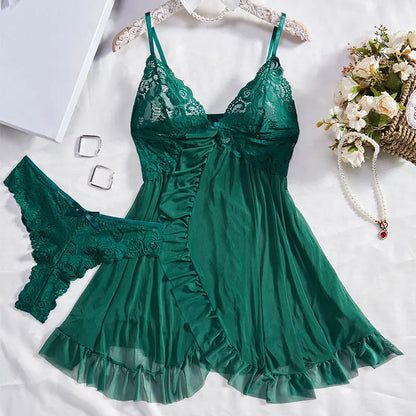 Emerald green lace nightdress and thong set with floral decor