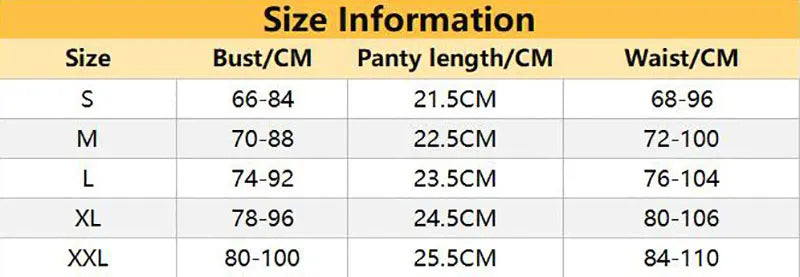 Size chart showing bust, panty length, and waist measurements for lace nightdress set