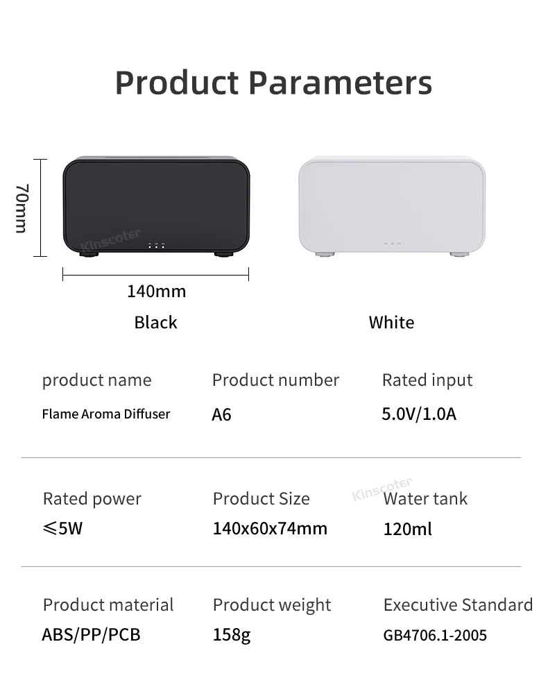 Product dimensions and specifications of the Flame Aroma Diffuser