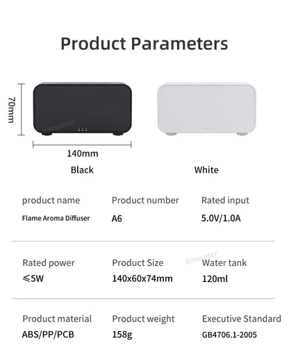 Product dimensions and specifications of the Flame Aroma Diffuser
