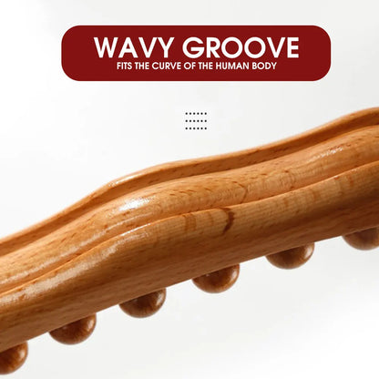 Wavy groove design of wooden massage roller that fits the body’s natural curve